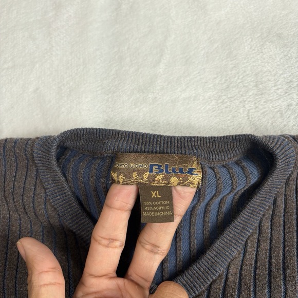Y2K Pronto Uomo Blue Brown Long Sleeve V-Neck Sweater Men's‎ XL - Picture 2 of 6